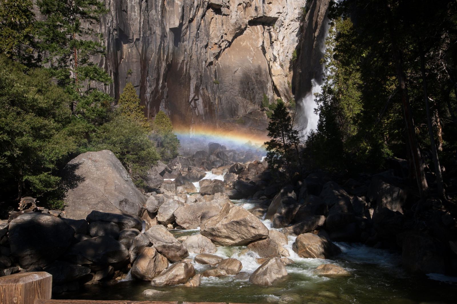 A rainbow in the spray at the foot of the falls.